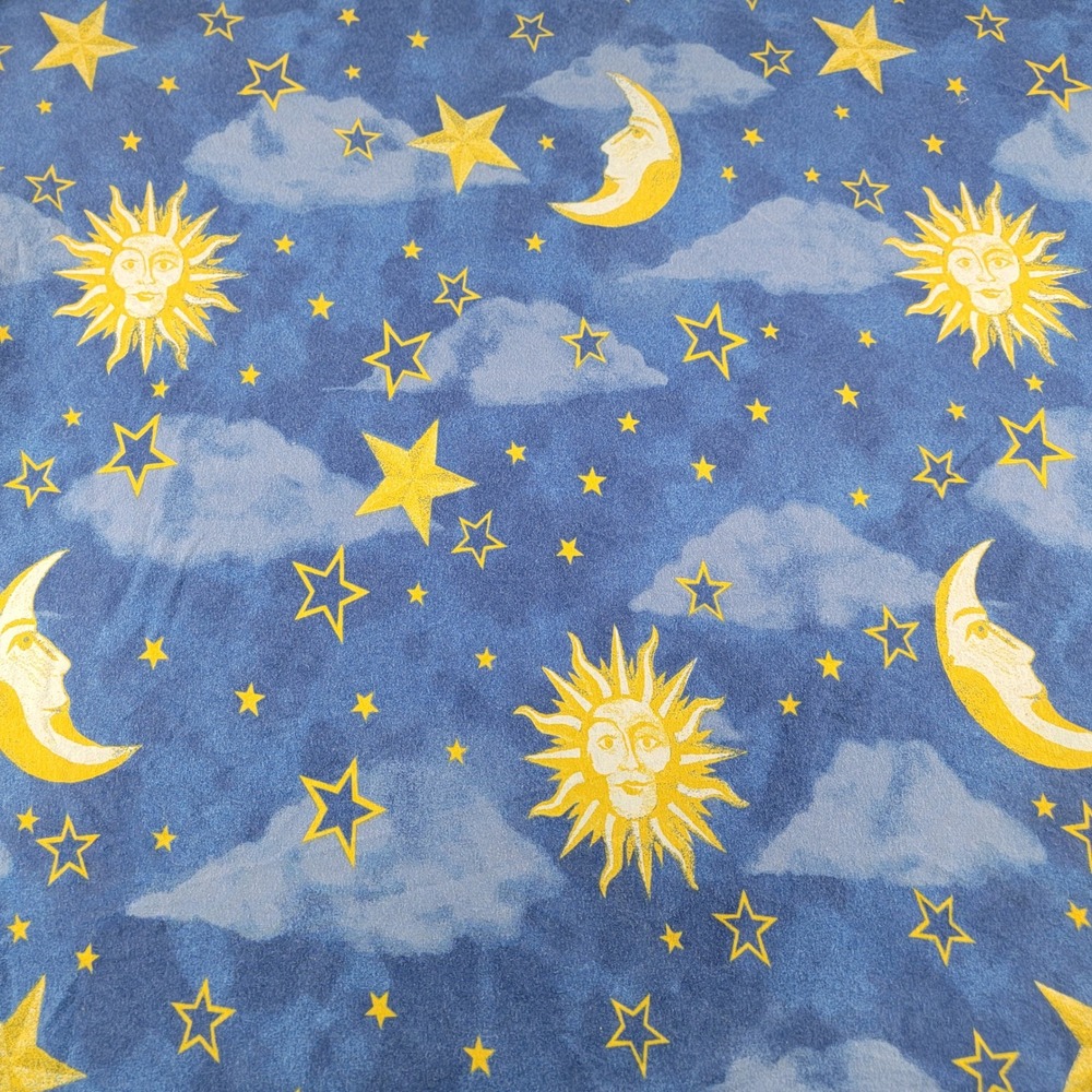 Vintage 90's Hanes For The Home King Sheet Blue Celestial Sun Moon Stars Cotton